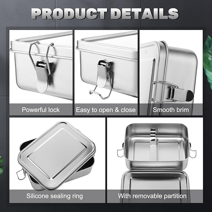 Umigy 8 Pcs Stainless Steel Food Containers Metal Bento Lunch Box Stainless Steel Food Storage Containers, Lockable Clips to Leak Proof, Reusable Dishwasher Snack Boxes for Work, Picnic (1200ml)