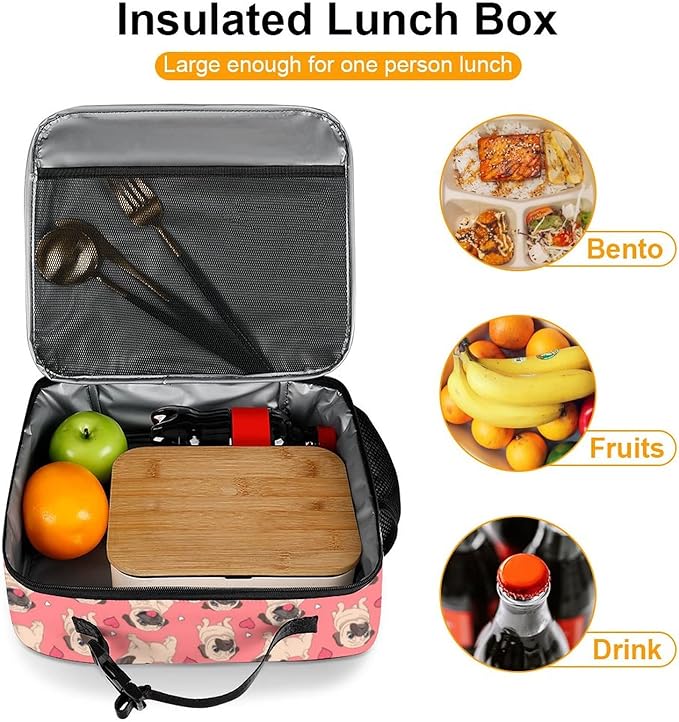 Pugs Puppies Reusable Lunch Box Insulated Lunch Bag Cooler Bag Lunchbox Meal Food Container Tote Bag for Women Kids Girls School Camping Hiking Picnic Beach Travel