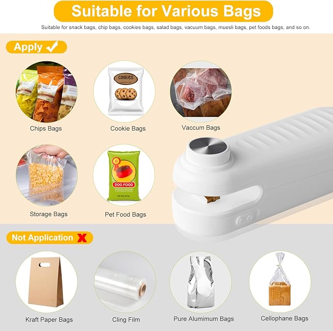 2 in 1 Mini Bag Sealer, Bag Sealer Heat Seal with Cutter, USB C Rechargeable Chip Bag Sealer Heat Seal, Portable Bag Resealer for Plastic Bags Snacks & Food Storage,Ivory White