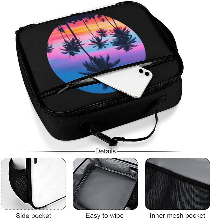 Palm Trees Sunset Reusable Lunch Box Insulated Lunch Bag Cooler Bag Lunchbox Meal Food Container Tote Bag for Women Kids Girls Boy School Camping Hiking Picnic Beach Travel