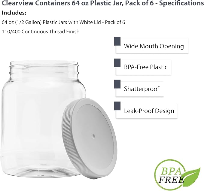 6 Pack of 64 Ounce Plastic Half Gallon Jars with 110/400 Leak Proof Seal Lid - Food Grade and BPA Free (64oz, 6pk)
