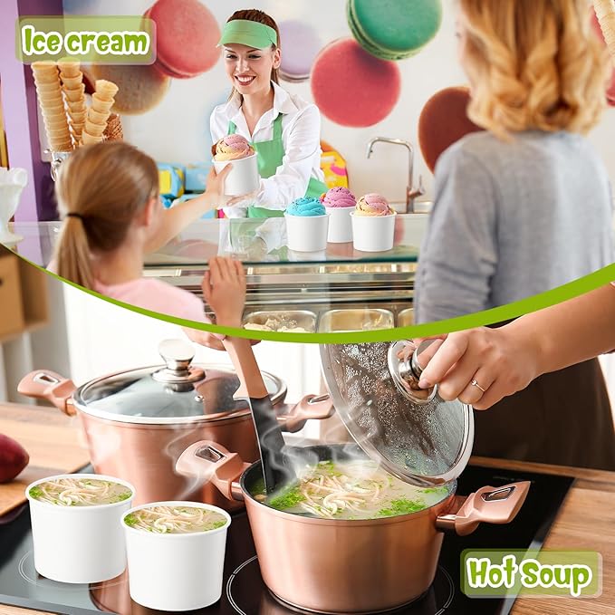 Fulmoon 100 Pack Paper Soup Containers with Lids Disposable Paper Food Containers with Vented Lids Kraft Ice Cream Bowls Soup Cup Ice Cream Cups for Restaurants(12 oz,White)