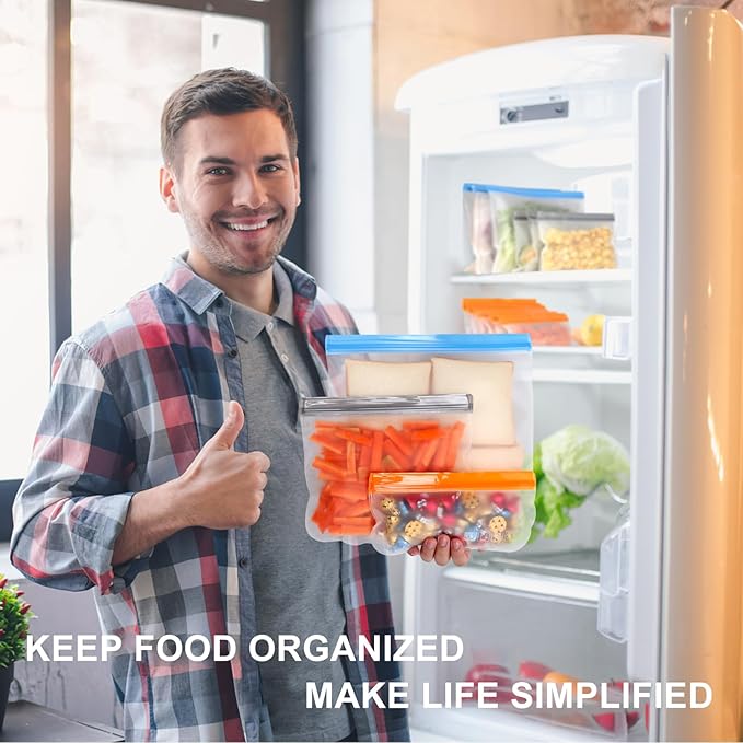 Lerine 28 Pack Dishwasher Safe Reusable Freezer Bags Silicone, Extra Thick Leakproof Reusable Food Storage Bags, BPA Free Kitchen Storage for Veggies Food Travel - 10 Gallon 10 Sandwich 8 Snack