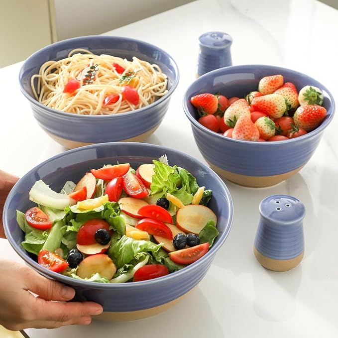 Hasense Ceramic Serving Mixing Bowls Set, 2.1/1.5/1.0 Qt Large Bowls for Cooking, Baking, Prepping, Soup, Stackable Salad Bowls for Kitchen, Holiday Gift, Set of 3, Purple