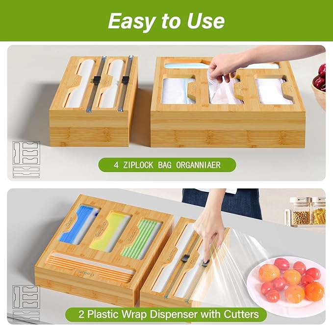 KOCWELL Bamboo Bag Storage Organizer - 2 Wrap Dispenser with Cutter & 4 Slots Food Storage Bags Container - Kitchen Drawer Plastic Bags Storage Organization for Gallon Quart Sandwich Snack Bags