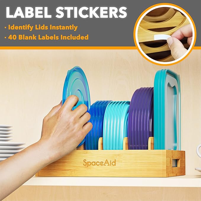 SpaceAid Bamboo Lid Organizer, Kitchen Pantry Lids Holder with 5 Adjustable Dividers for Cabinets, Food Storage Container Organizers, Natural