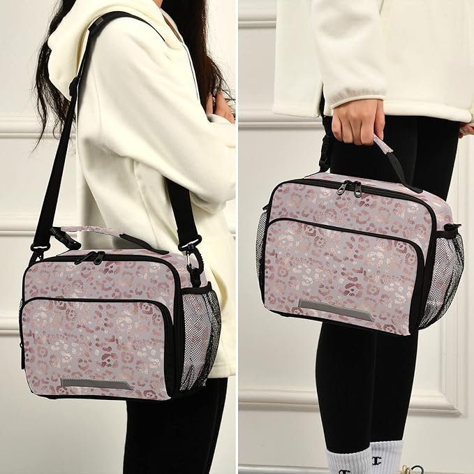 Pink Leopard Print Golden Cheetah Lunch Box for Girls Cute Lunch Bags for Women Cooler Bag Reusable Lunch Tote Bag Insulated Shoulder Bag for Work School Picnic