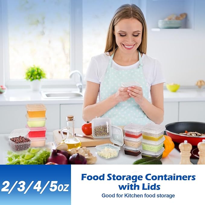 2/3/4/5oz Food Storage Containers with Lids Kits (200 pack), Small Plastic Containers with Lids, Disposable Condiment Portion Cups, Jello Shot Sauce Cups (Square)
