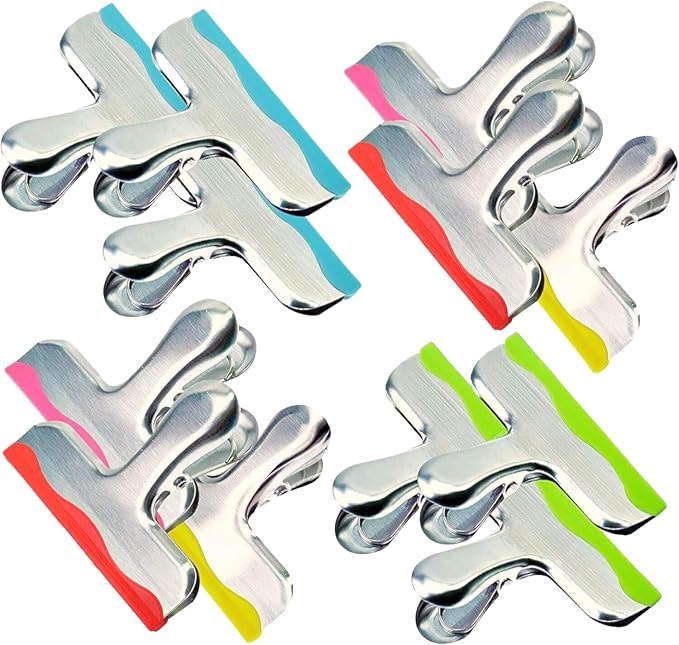 12 Pack Metal Chip Clips with Silicone Edges – Heavy Duty Bag Clips for Food Packages, Kitchen, Office – Color Coded, Air Tight Extra Strong Clamps, 3 Inches Wide (12)