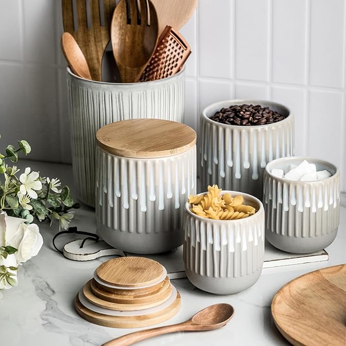 Kitchen Decorative Canisters Ceramic Food Storage Jars, Stackable Spice Jars with Airtight Lid, Wide Mouth Sugar Containers, Small Canisters for Snacks, Ground Coffee, Tea, Honey, Salt - 14 Oz