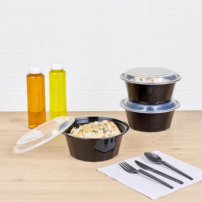 Restaurantware Asporto 32 Ounce To Go Boxes 100 Microwavable Take Out Food Containers - Clear Plastic Lids Included Do Not Contain BPA Black Plastic Catering Food Containers Disposable Round
