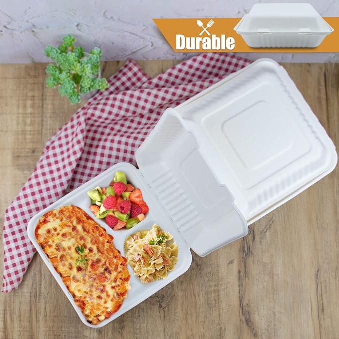 Green Earth 9-inch, 200-Count, 3-Compartment, Compostable Clamshell, Natural Bagasse (Sugarcane Fiber), Take-Out/to-Go Food Boxes - Biodegradable Containers, Hinged Lid Microwave-Safe Gluten-Free