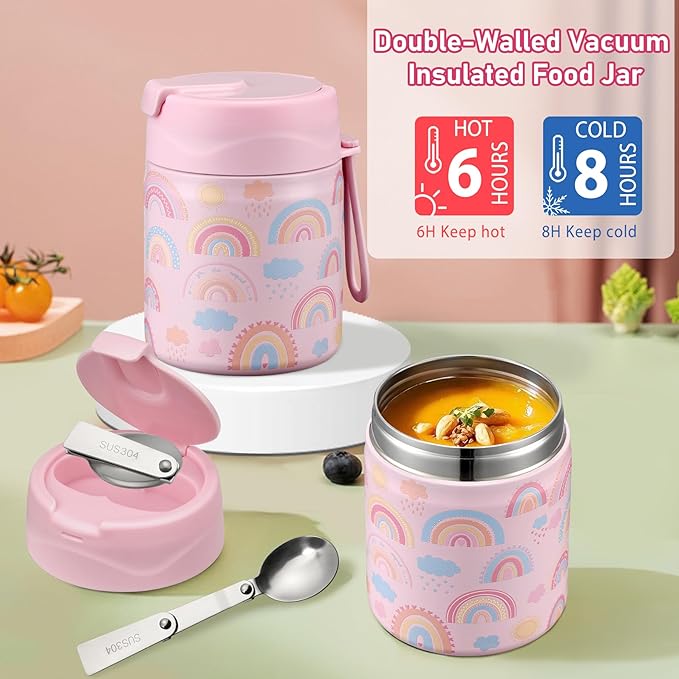 Bento Lunch Box for Kids with 17oz Soup Thermo,Insulated Tumbler Water Bottle and Insulated Lunch Bag,Leak-Proof 3 Compartment Lunch Food Container with with Ice Pack for Kids to School-Rainbow