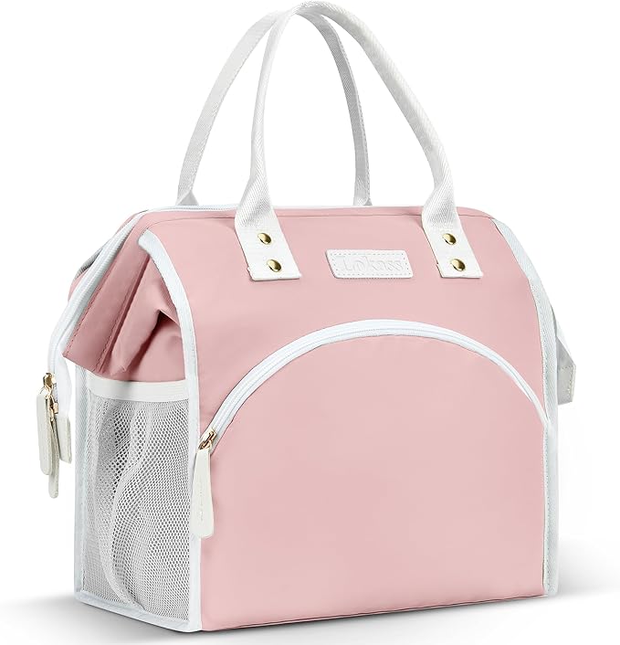 LOKASS Lunch Bag Women Insulated Lunch Box Wide-Open Lunch Tote Bag Large Waterproof Cooler Bag for Work Picnic Hiking Beach(Pink)