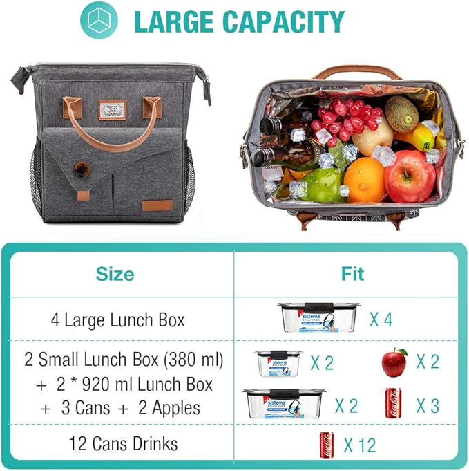 Lekesky Lunch Bag Women Insulated Lunch Tote Bag for Adults Work, Leakproof Lunch Box, Grey