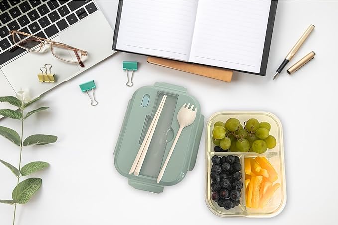 THY COLLECTIBLES Set of 3 36 OZ Glass Lunch Storage Containers with Lids and Utensils, Microwave Safe, Leak Proof, Freezer to Oven Safe for Meal Prep, Leftovers, Cooking, Bento Box (2 Compartments)