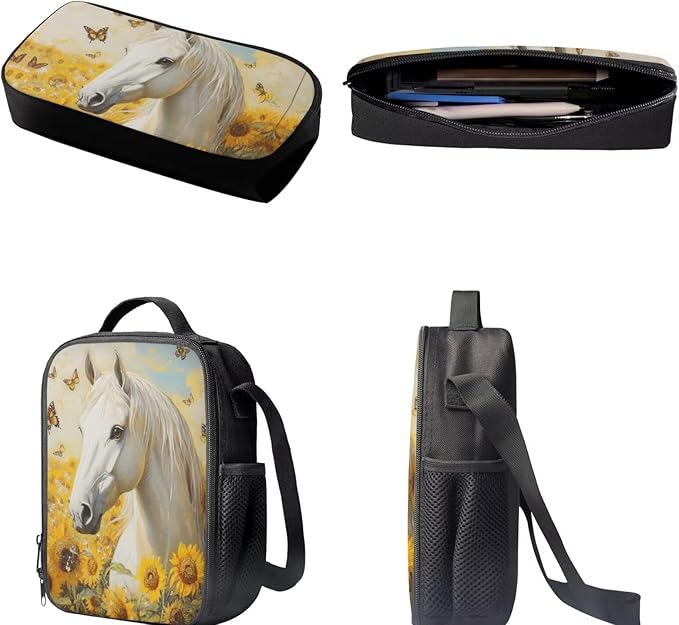 Dolyues Sunflower Horse Girls Backpack Combo: 17 Inch Lightweight Backpack, Eco-Friendly Lunch Bag & Organizer Pencil Case - Ages 5-10