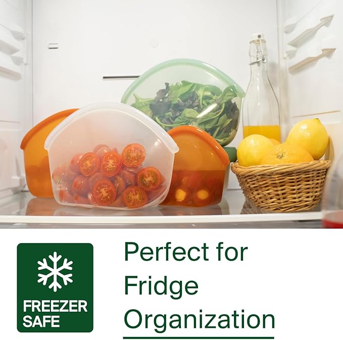 Food Huggers Hugger Bags Silicone Reusable Lunch & Snack Bag Durable Storage, BPA Free, Dishwasher & Freezer Safe, Stand-Up Resealable Produce Pouch | Large 30 fl oz, Amber