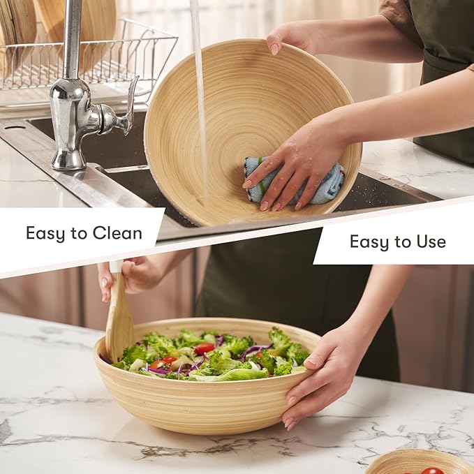 LEXA 12" Handmade Natural Bamboo Wooden Salad Bowl - 130 oz Lightweight Large Wooden Bowls for Food - Bamboo Wooden Fruit Bowl for Kitchen Counter, Wood Bowls for food - Wooden Serving Bowl for Snacks