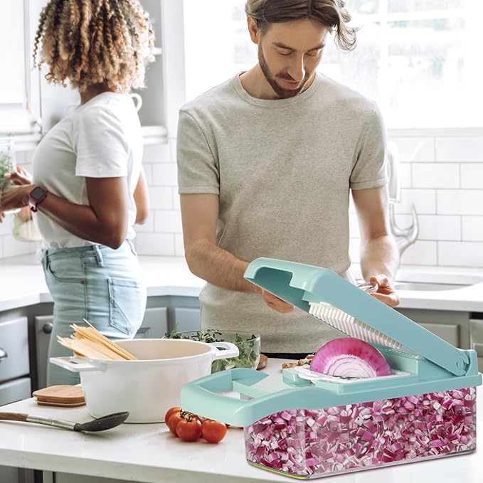 Vegetable Chopper, Cambom Multifunctional Vegetable Cutter Onion Chopper Mandoline Slicer Dicer with Colander Basket and Container 8 Interchangeable Blades