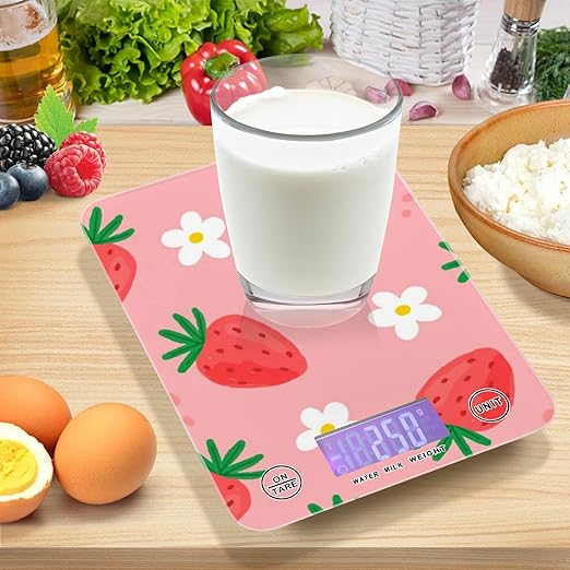 Food Scale Kitchen Digital Scale Food Ounces and Grams Dieting Baking Cooking Waterproof Glass Panels LCD Display,4 Units Scale Tare Function Strawberry