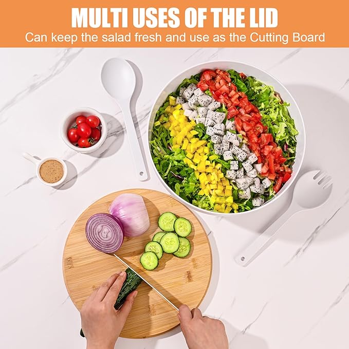 Salad Bowl with Lid, 12" Extra Large Bamboo Fiber Salad Bowl with Servers Set for Kitchen, Nature Bamboo Mixing and Serving Bowl with Lid, Spoon and Fork for Fruits,Salads and Vegetables