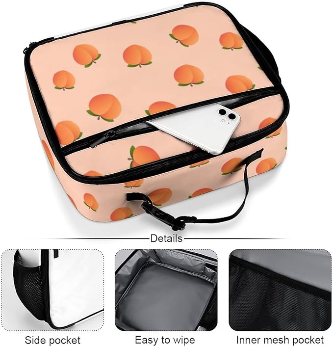 Peach Reusable Lunch Box Insulated Lunch Bag Cooler Bag Lunchbox Meal Food Container Tote Bag for Women Kids Girls School Camping Hiking Picnic Beach Travel