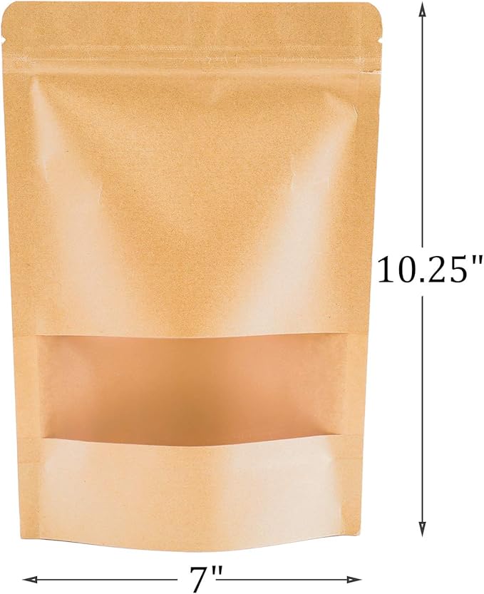 Kingrol 100 Count 7 x 10.25 Inch Kraft Paper Bags with Resealable Lock Seal Zipper &Transparent Window, Stand Up Food Bags