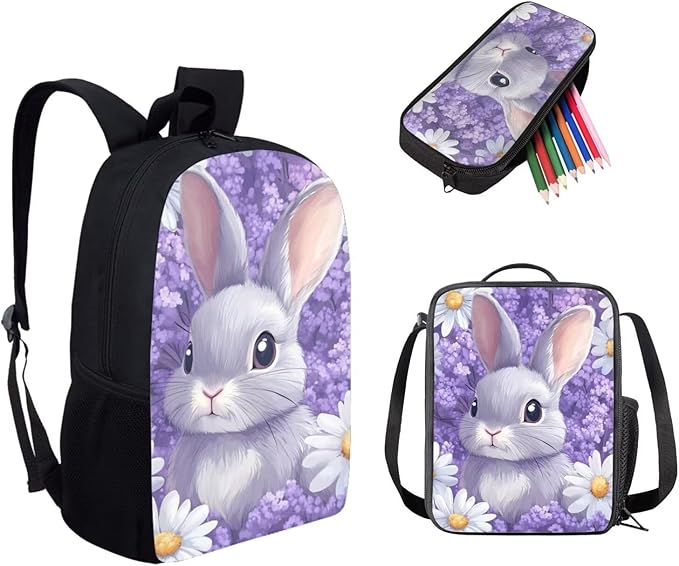 Dolyues Purple Flower Rabbit Girls' Backpack Set 17-Inch Lightweight Backpack, Double Compartment Lunch Bag & Organizer Pencil Case - Ages 5-10