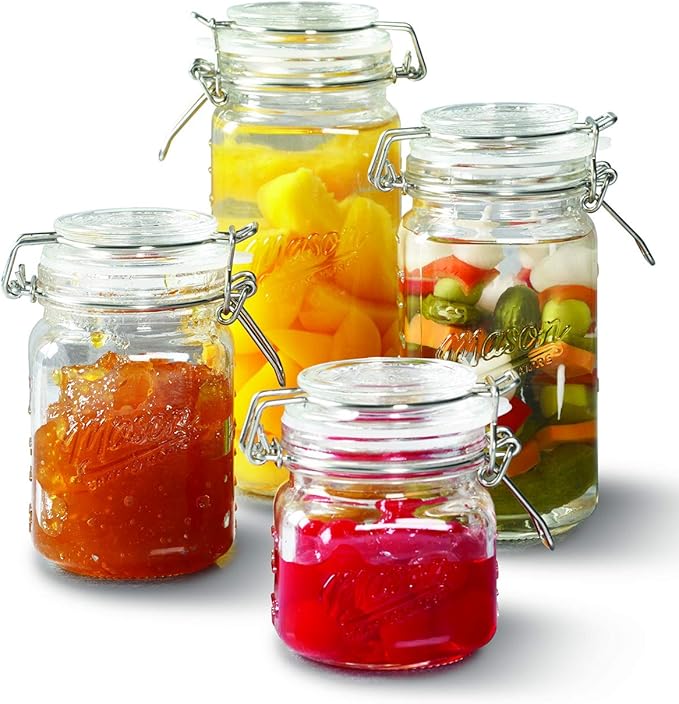 Mason Craft & More Airtight Kitchen Food Storage Clear Glass Clamp Jars, 4 Piece Mini Clamp Preserving Jar Set (7oz, 12oz, 17oz, and 22oz), (TTU-V1523)