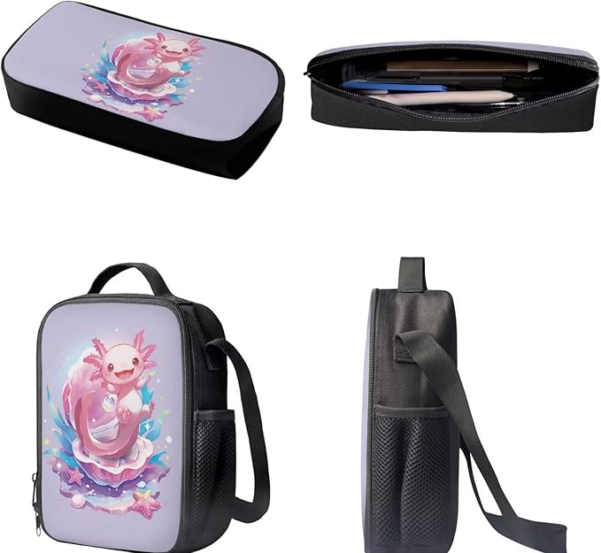 Dolyues Cute Axolotl Cute Girls' Backpack Set with Lunch Box and Pencil Case - Ideal for Teens, Kids, and College Students - Perfect for Elementary, Middle, and High School