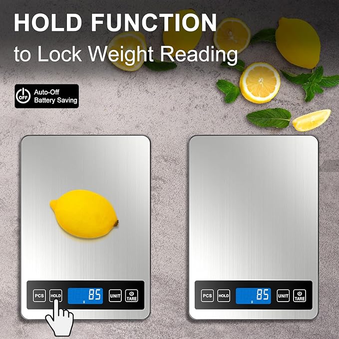 Fuzion Food Scale, 1g/0.1oz Digital Kitchen Scale - 22lb, 7 Units, Tare & PCS, Rechargeable Power, Tempered Glass & Stainless Steel - Food Weight Scale Grams and oz for Cooking, Baking