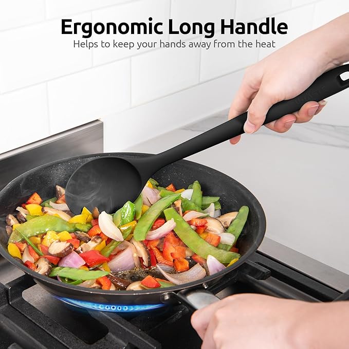 18/8 Stainless Steel Measuring Spoons Set for Dry and Liquid Ingredients (Set of 9), and 600℉ Heat Proof Long Non-Scratch Silicone Solid & Slotted Set of 2 Cooking Spoon for Mixing (Black)
