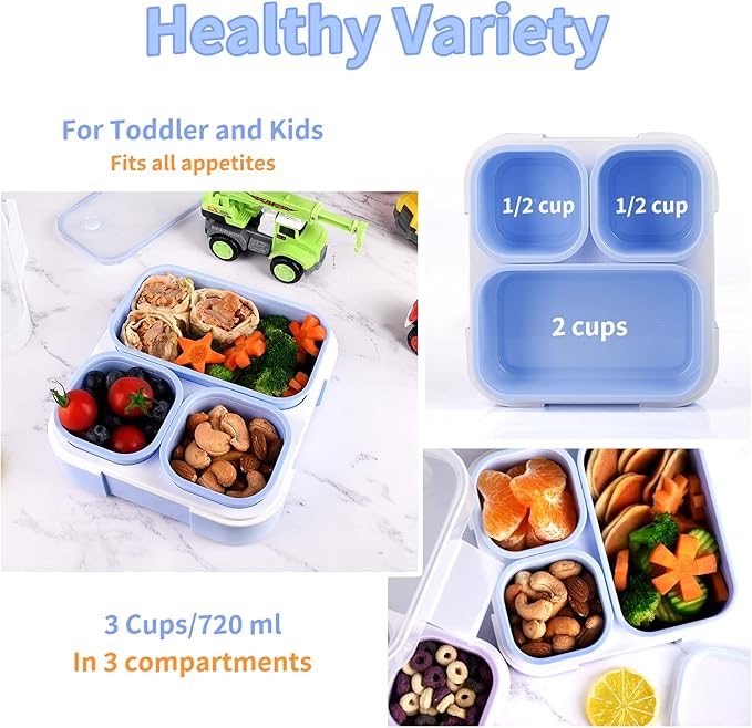 Genteen Bento Box for Kids, Kids Lunch Box with 3 Removable Compartments, Toddler Baby Lunch Box for Daycare, School, Leak-proof Lunch Snack Portion Container, Ideal Portion Size for Ages 3 to 7- Blue