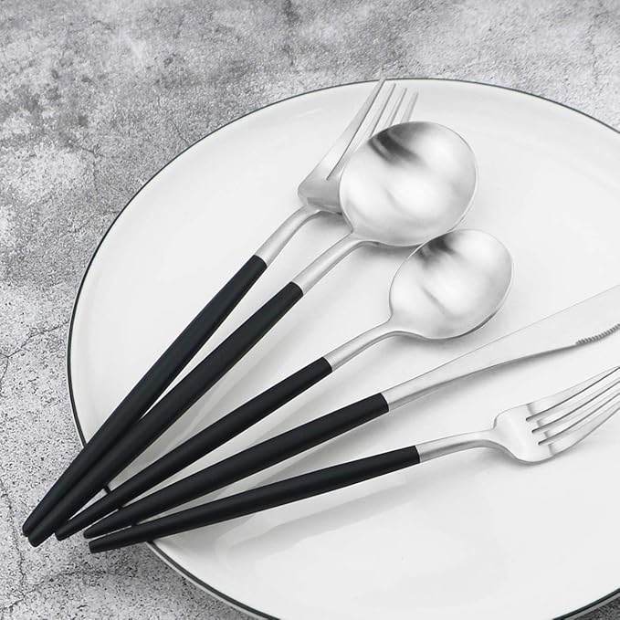 20-Piece 18/10 Stainless Steel Flatware Silverware, Luxury Dinnerware Set Travel Cutlery Tableware Include Knife Fork Spoon Service for 4, Dishwasher Safe (Black Handle Matte Silver)