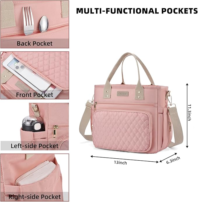 Large Women Lunch Bags for Work/Insulated Adult Lunch Box for Women/Durable Nylon Thermal Lunchbox for Womens/Leakproof Cooler Tote Bag with Storage Pocket (pink with cotton strap)
