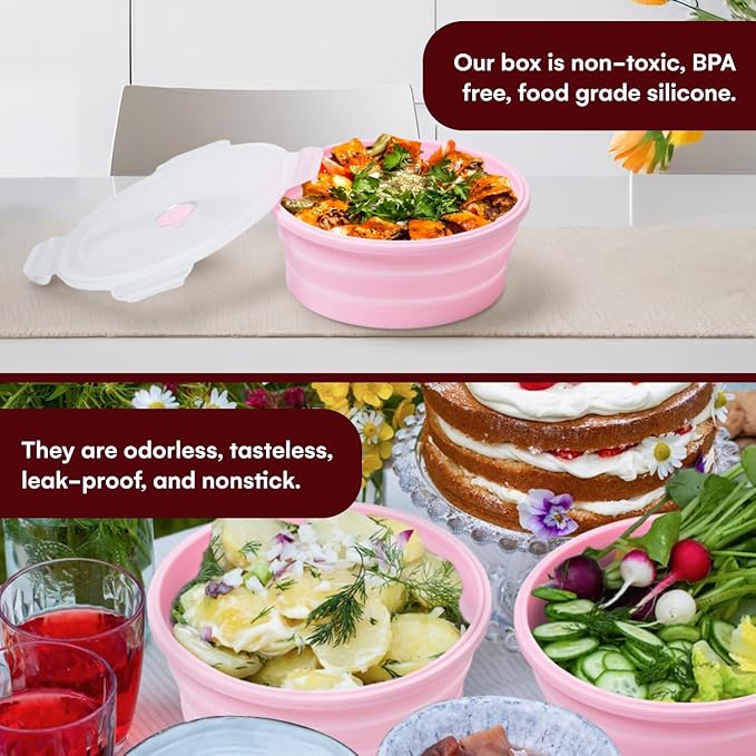 Vdomus Collapsible Food Storage Containers - Leak Proof, Microwave Safe - 40.5oz/1.2L Airtight Silicone Food Containers - Meal Prep Collapsible Bowls with Lids - Set of 3 - Pink