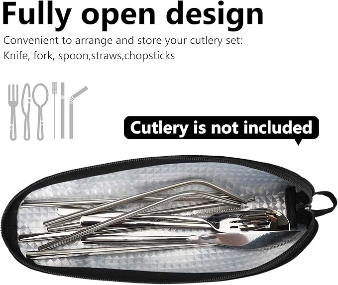 Travel Utensil Sets Carrying Case Portable Cutlery Set Pouch Reusable Silverware Set Bag Stainless Steel Straws Pouch Chopsticks Knife Fork and Spoon Holder for Office Bento Lunch Box, Black, Aosbos