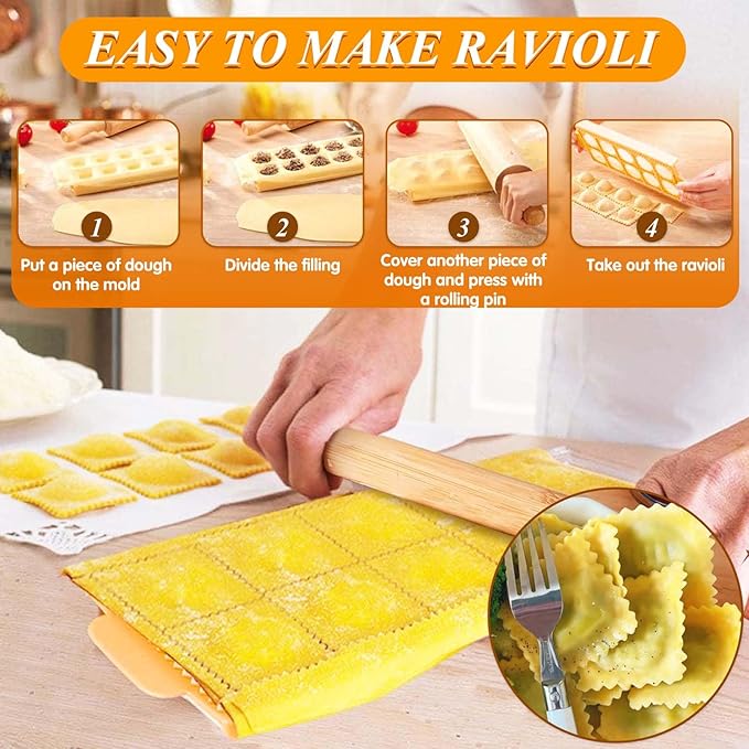 Pasta Making Tools, 10 Piece Wood Pasta Making Kit with 3 Rolling Pins, 1 Gnocchi Board, 1 Dough Cutter, 1 Ravioli Cutter, 1 Ravioli Maker, 2 Pasta Stamps, 1 Baking Mat, Ravioli Pasta Set for Kitchen