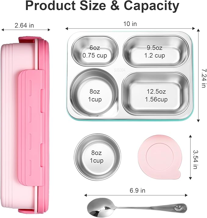 36-oz Lunch Box Containers Stainless Steel Bento Box for Adults with 4-Compartment Snack Tray, Soup Bowl with Lid & Metal Spoon, Dishwasher Safe, Easy to Carry, Pink