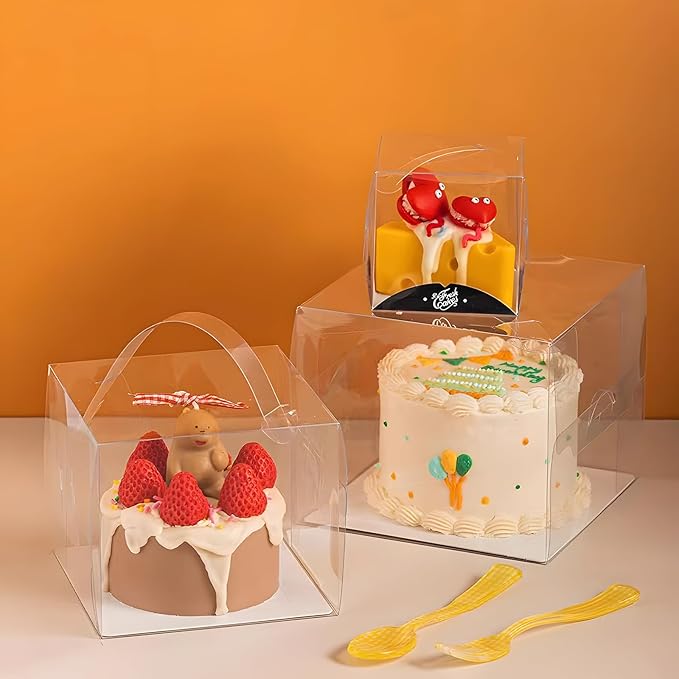 15 Pcs 7x7x6 Inch Clear Cake Boxes with Handle & Cake Boards, Easy Carrying Plastic Cake Containers, Cake Holder Carriers for Birthday Christmas Birthday Wedding, Party, Gift