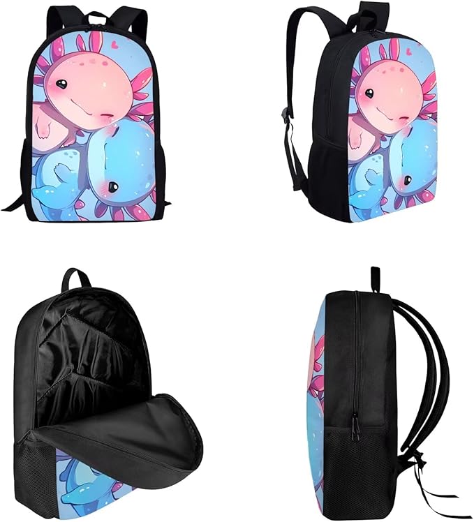 Dolyues Couple Axolotl 3-Piece Backpack Set for School - Includes Travel Backpack, Lunch Box & Pencil Case - Perfect for Middle School, Preschool & Kindergarten