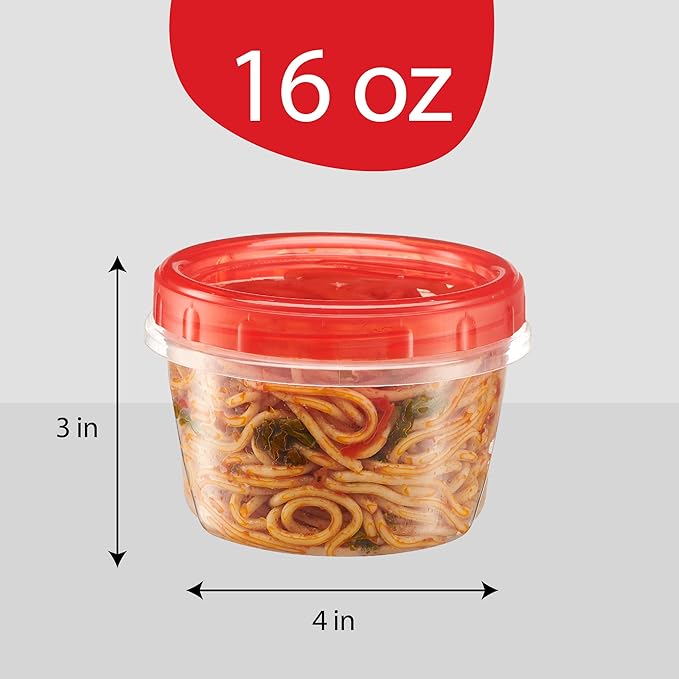 PLASTICPRO 12 Pack Twist Cap Food Storage Containers with Red Screw on Lid- 16 oz Reusable Meal Prep Containers - Freezer and Microwave Safe Red Plastic Food Storage