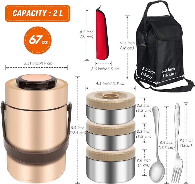 3-Layer Insulated Lunch Box for Men, Soup Thermos, Adult Leakproof Insulated Hot Food Jar Container, Stainless Steel Thermal Bento Box Lunch Bag Cutlery for Office Construction Worker Trucker Picnic