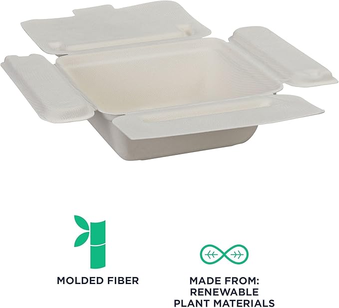 ECO PRODUCTS Compostable 22oz One-Piece To Go Containers, Case of 300, 6"x5.5"x2" Vanguard Folia Innovative Container, Disposable Renewable White Molded Fiber, No PFAS, Tree-Free, ASTM, BPI-Certified
