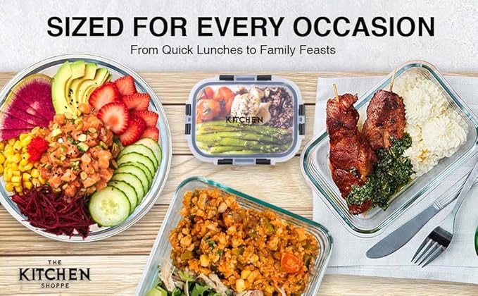 KITCHEN SHOPPE 24-Piece Borosilicate Glass Food Storage Containers | BPA-Free, Airtight, Reusable, Stackable Set for Meal Prep, Leftovers, or Lunch | Freezer, Oven, Microwave & Dishwasher Safe