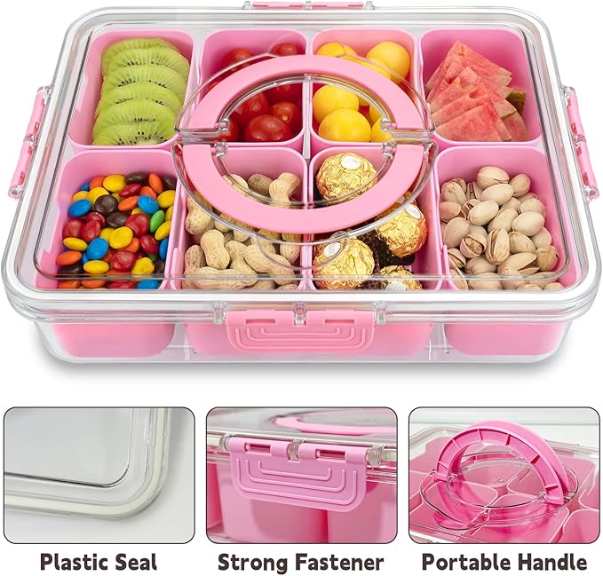 Divided Serving Tray with Lid and Handle,8 Compartments Snacks Box,Snack Fruit Tray,Veggie Tray,Portable Platter for Candy Fruits Nuts Snack Party Entertaining Picnic (2PCS Pink)