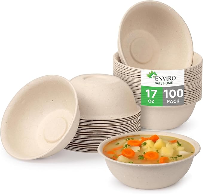 17oz Bamboo Disposable Bowls For Hot Soup, 100 Pack - Small, Heavy Duty, Microwavable, Oven Safe - Perfect for Hot Food, Meals, Acai & More - Eco-Friendly, Leak-Proof
