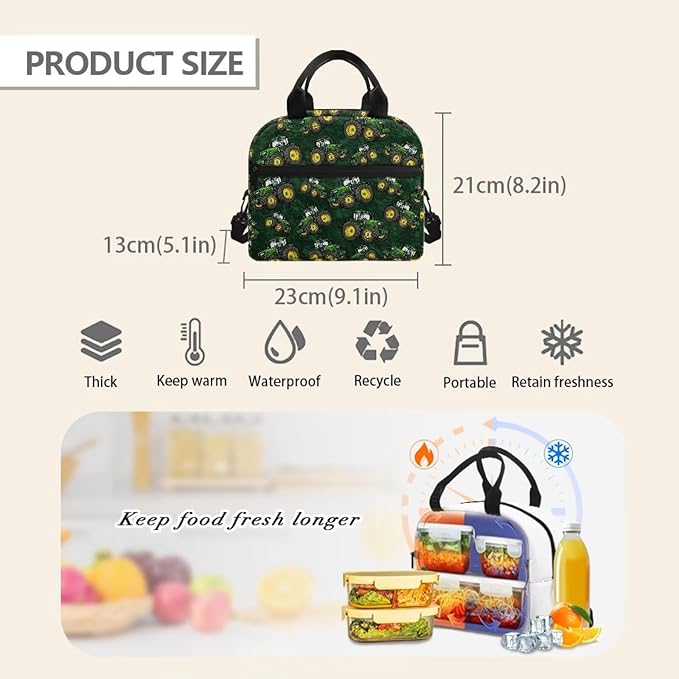 Showudesigns Truck Insulated Lunch Bags for Boys 8-12 Kids Lunch Box Lightweight Food Cooler Tote Bag Primary School Shopping Bag with Shoulder Strap Thermal Organizer Green