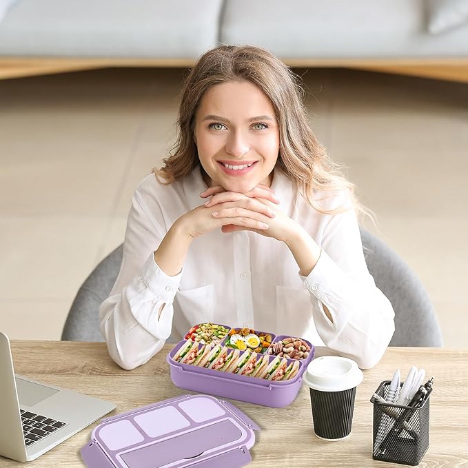 Bento Box Adult Lunch Box, Lunch Containers for Kids Girls Boys with 4 Compartments, Lunchable Food Container with Utensils, Sauce Jar, Muffin Liners, 40 Oz/5 Cup, Microwave Safe, Lavender